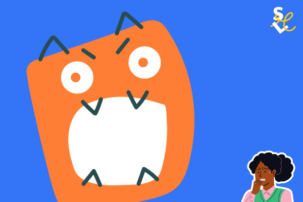 A large orange monster with a large open mouth shouting at a small and upset looking black woman in the bottom right hand corner on a blue background