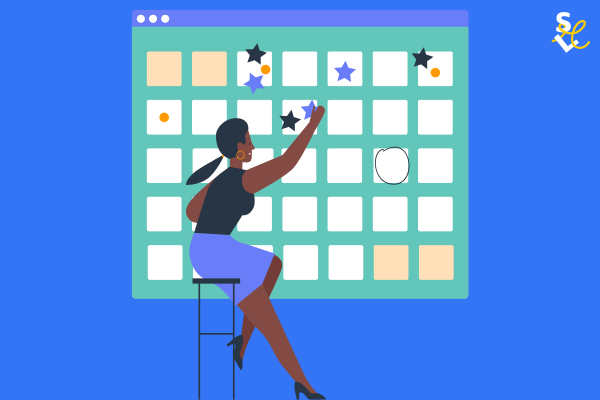 A black woman in a blue skirt and black top sits on a chair in front of a large calendar page, marking some of the spaces with stars. There is a circled space further down the calendar page, showing a target or goal that she is working towards.