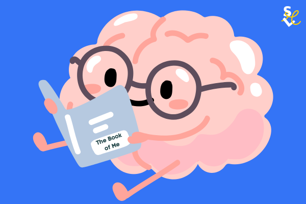 A brain wearing glasses reading a book titled The Book of Me.